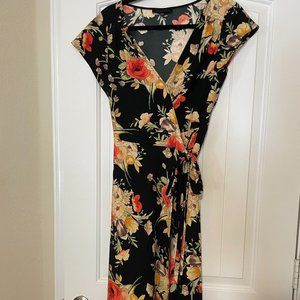 Sanctuary Black Floral Midi Wrap Dress, XS